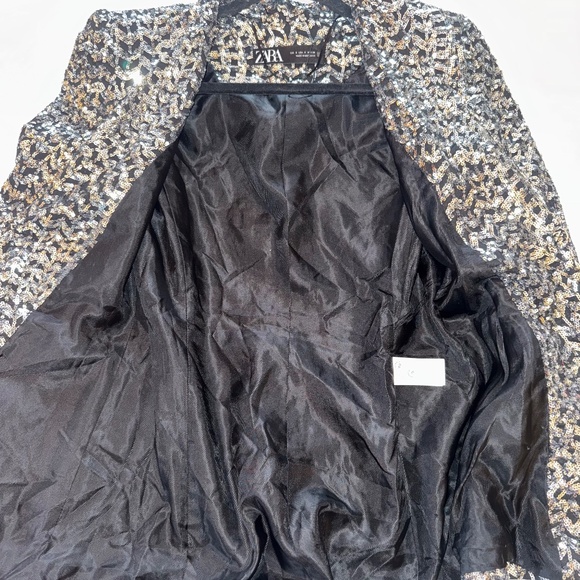 Zara Black Silver Gunmetal Metallic Sequin Blazer Size S Trinny Woodall - Picture 11 of 13